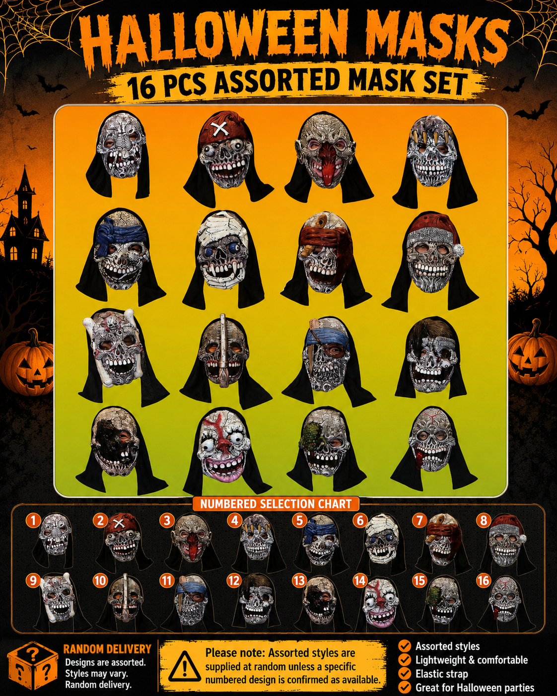 Assorted Halloween Scary Face Masks – 16 Unique Designs for Party & Costume Selection