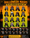Assorted Halloween Scary Face Masks – 16 Unique Designs for Party & Costume Selection