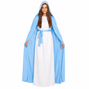 Adult Mary Costume White Dress with Blue Hooded Cape and Waist Tie, Nativity Christmas Biblical Costume