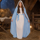 Adult Mary Costume White Dress with Blue Hooded Cape and Waist Tie, Nativity Christmas Biblical Costume