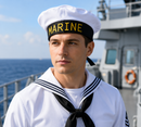 Marine Sailor Costume Hat – White Nautical Cap with Black Band and Gold Embroidery
