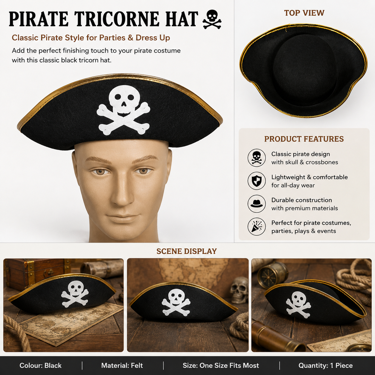 Black Pirate Tricorn Hat with Gold Trim – Skull and Crossbones Costume Accessory