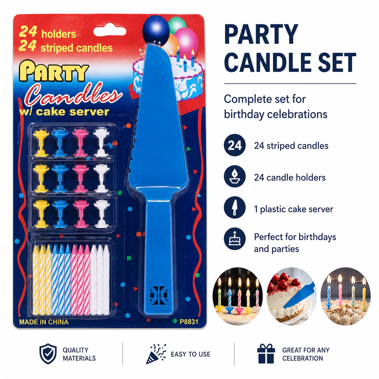 4 Sets Party Candles with Cake Servers – 24 Striped Candles and Holders per Set