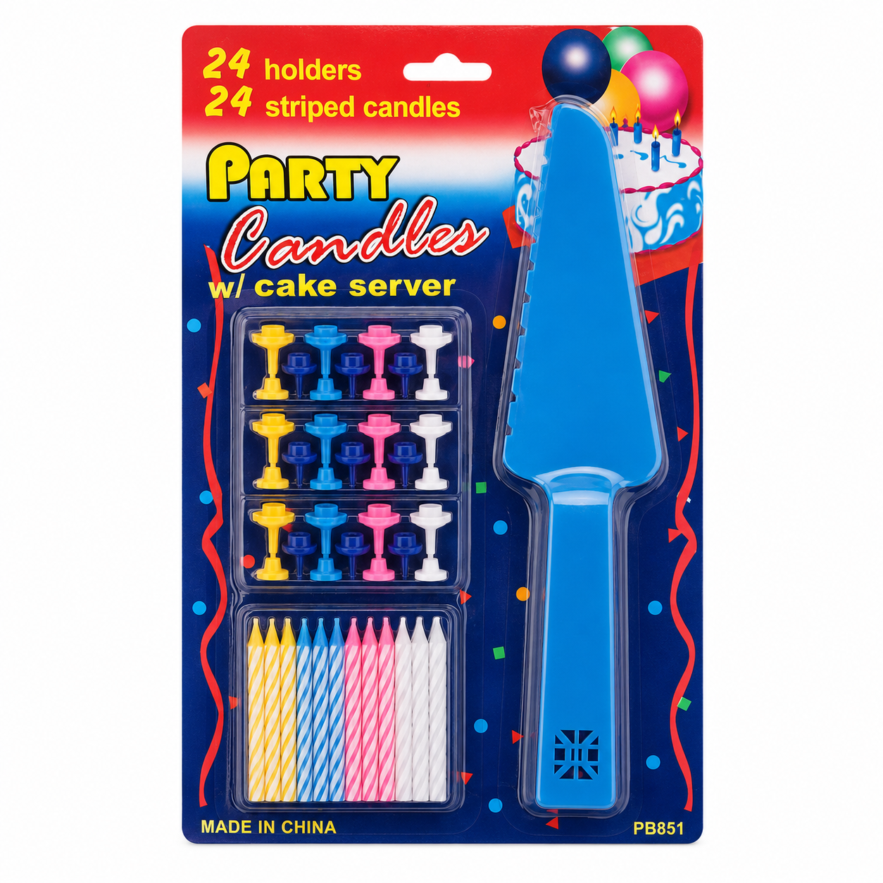 4 Sets Party Candles with Cake Servers – 24 Striped Candles and Holders per Set