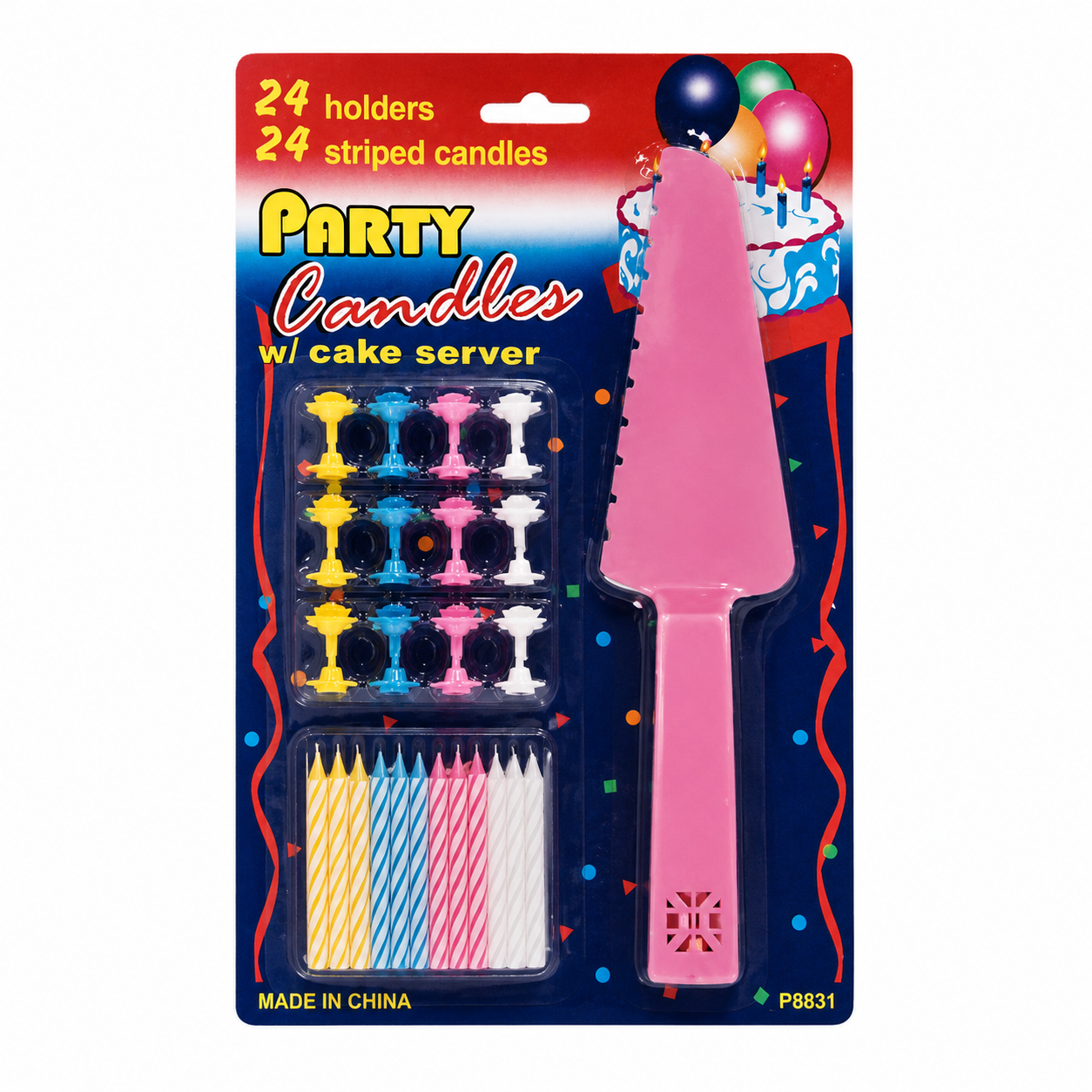 4 Sets Party Candles with Cake Servers – 24 Striped Candles and Holders per Set