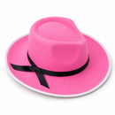 Pink Wide Brim Party Hat with Black Ribbon – Adult Fancy Dress Costume Accessory