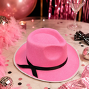 Pink Wide Brim Party Hat with Black Ribbon – Adult Fancy Dress Costume Accessory