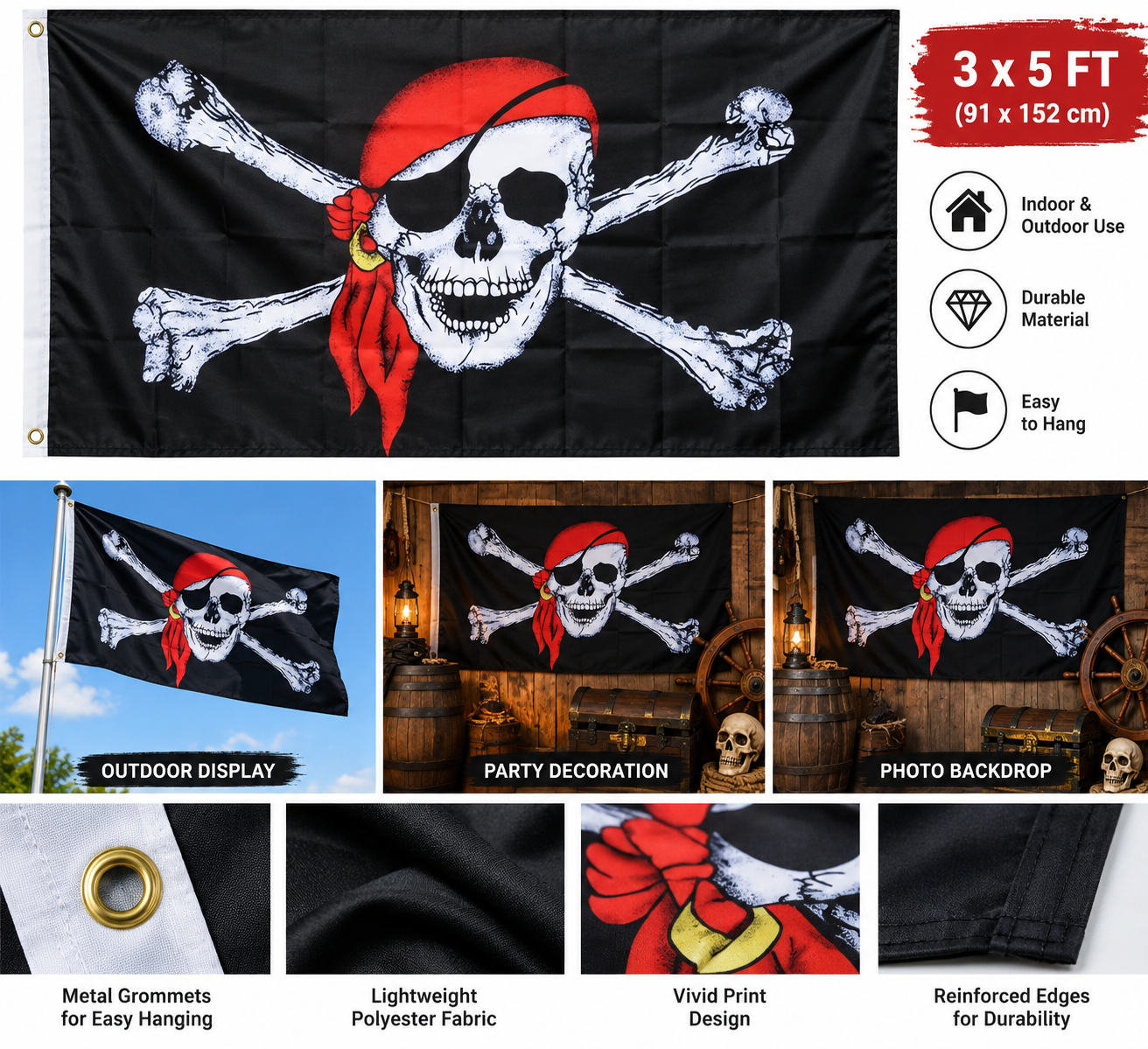 Large Pirate Flag 3 x 5 ft – Skull and Crossbones Design