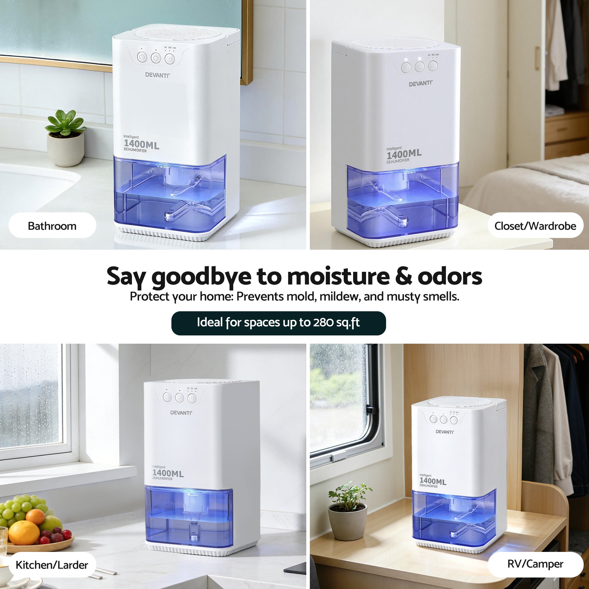 Devanti 1400ML Portable Dehumidifier Quiet Sleep Mode Timer Auto Off Bedroom White