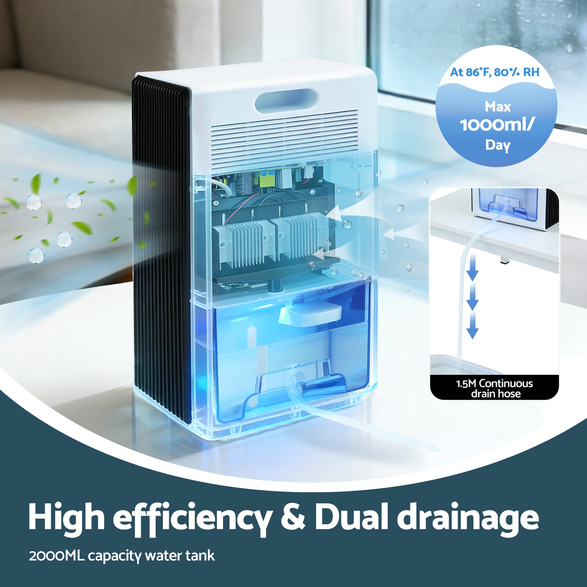 DEVANTI 2000ml Portable Dehumidifier Moisture Absorber Home Bedroom Quiet Remote