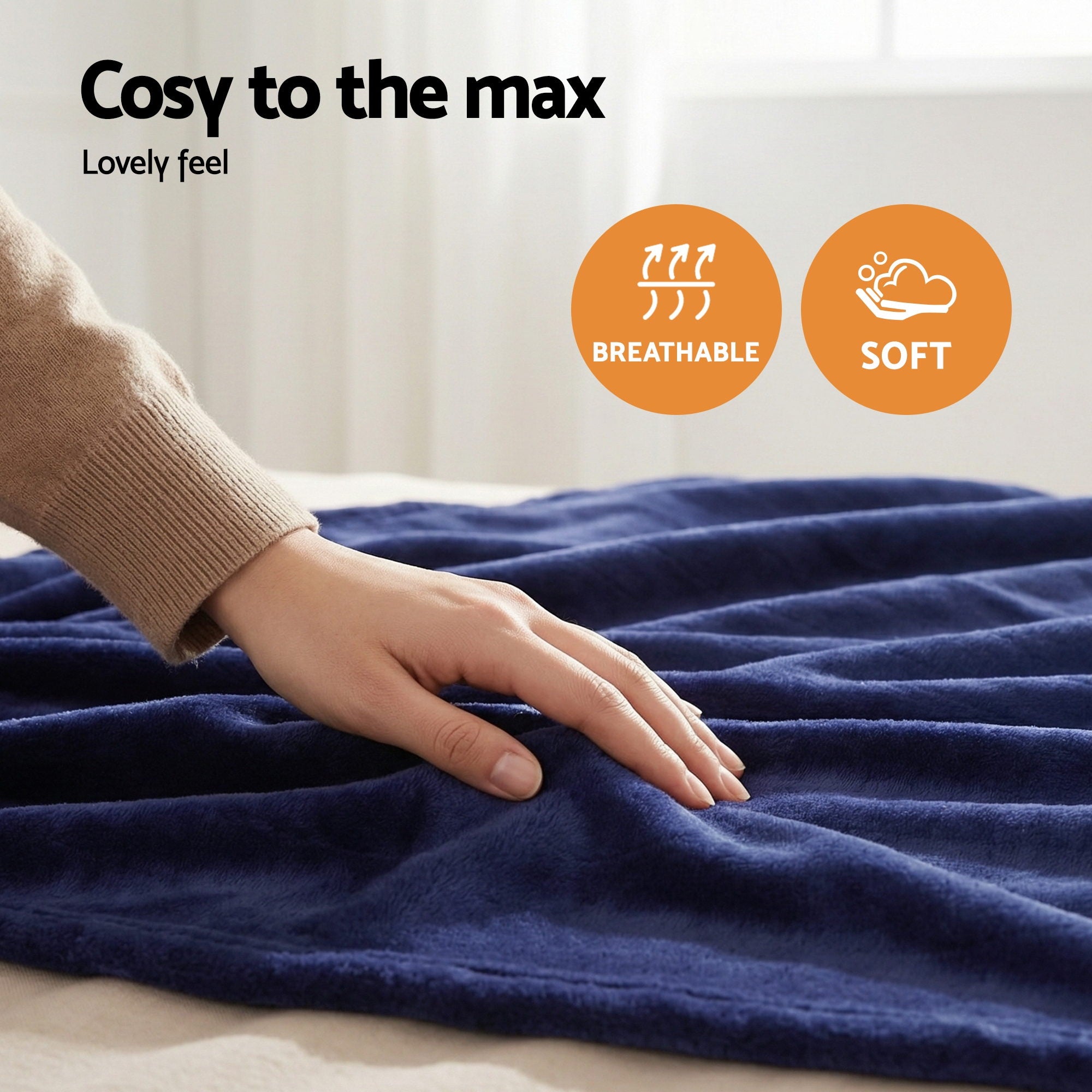 Giselle Electric Throw Rug Double Size 200x180cm Coral Fleece Heated Blanket Navy Blue