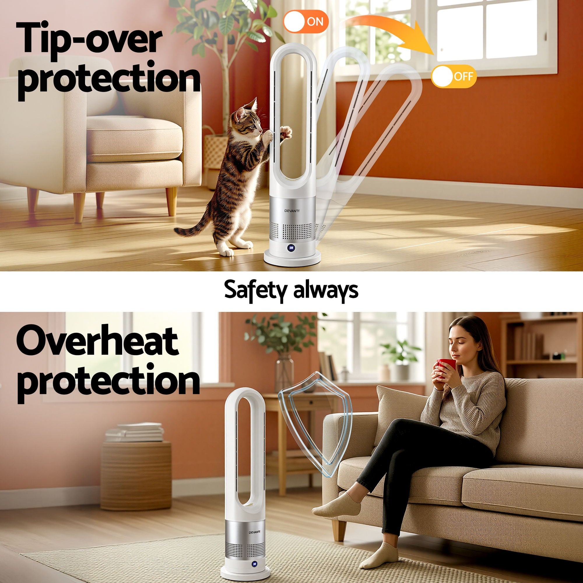 Devanti Bladeless Tower Fan Heater and Cooler 2in1 Portable Oscillation Fan for Bedroom Room Office Use White