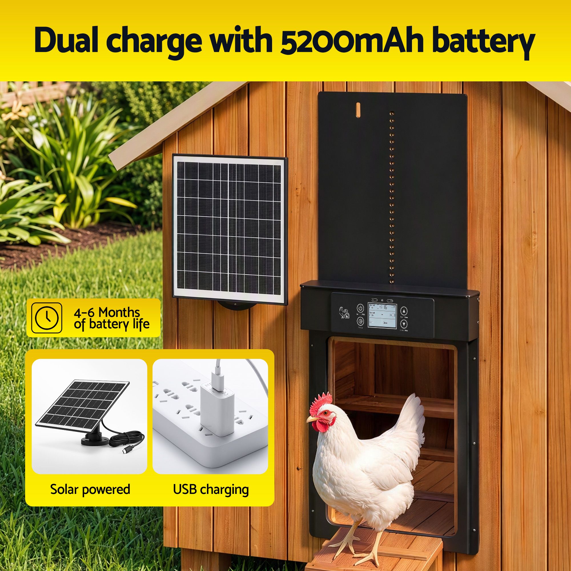 Giantz Automatic Chicken Coop Door 37cm Solar Powered Smart App Control Black