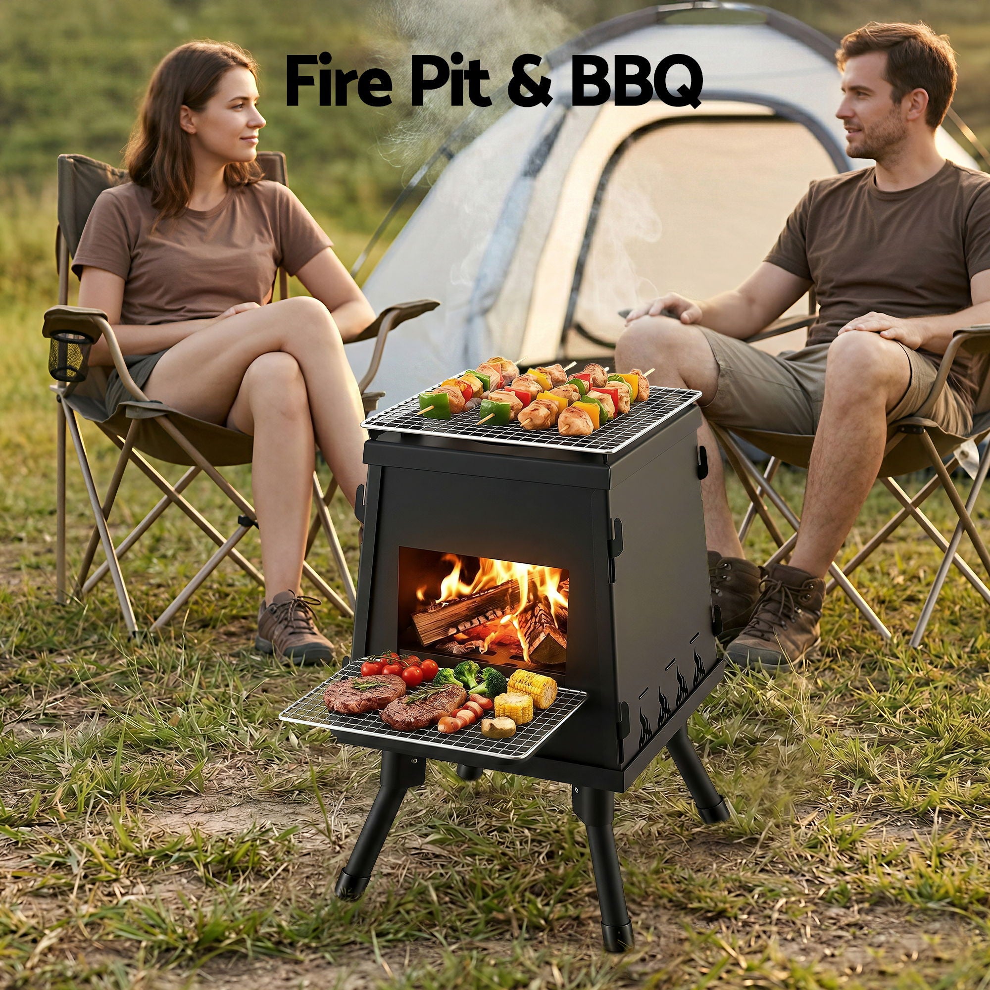 Grillz Fire Pit BBQ Portable Outdoor Fireplace Metal Camping Stove for Boiling Water, BBQ, Picnics