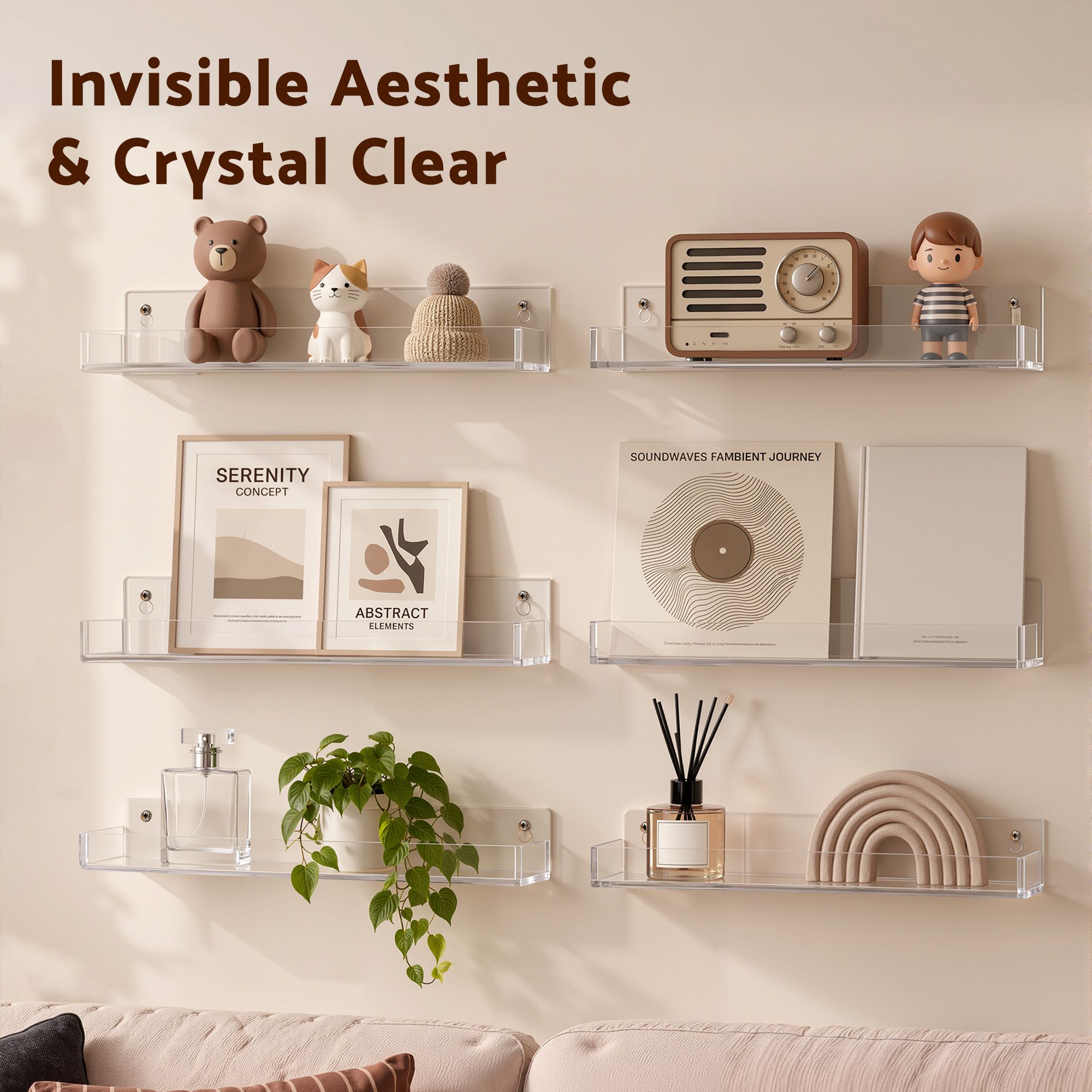 Artiss 6-Pack Acrylic Wall Shelves, Clear Floating Display Shelf with Detachable Panels & Front Lip