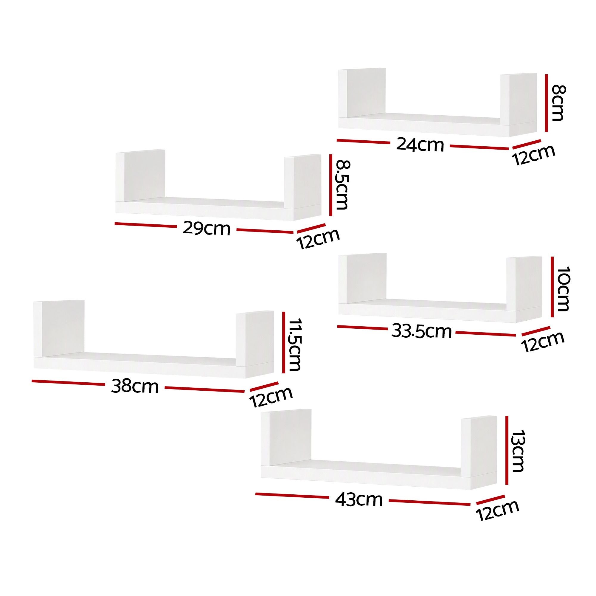 Artiss Floating Wall Shelves Set of 5 Mounted U-Shape Display Ledge, White