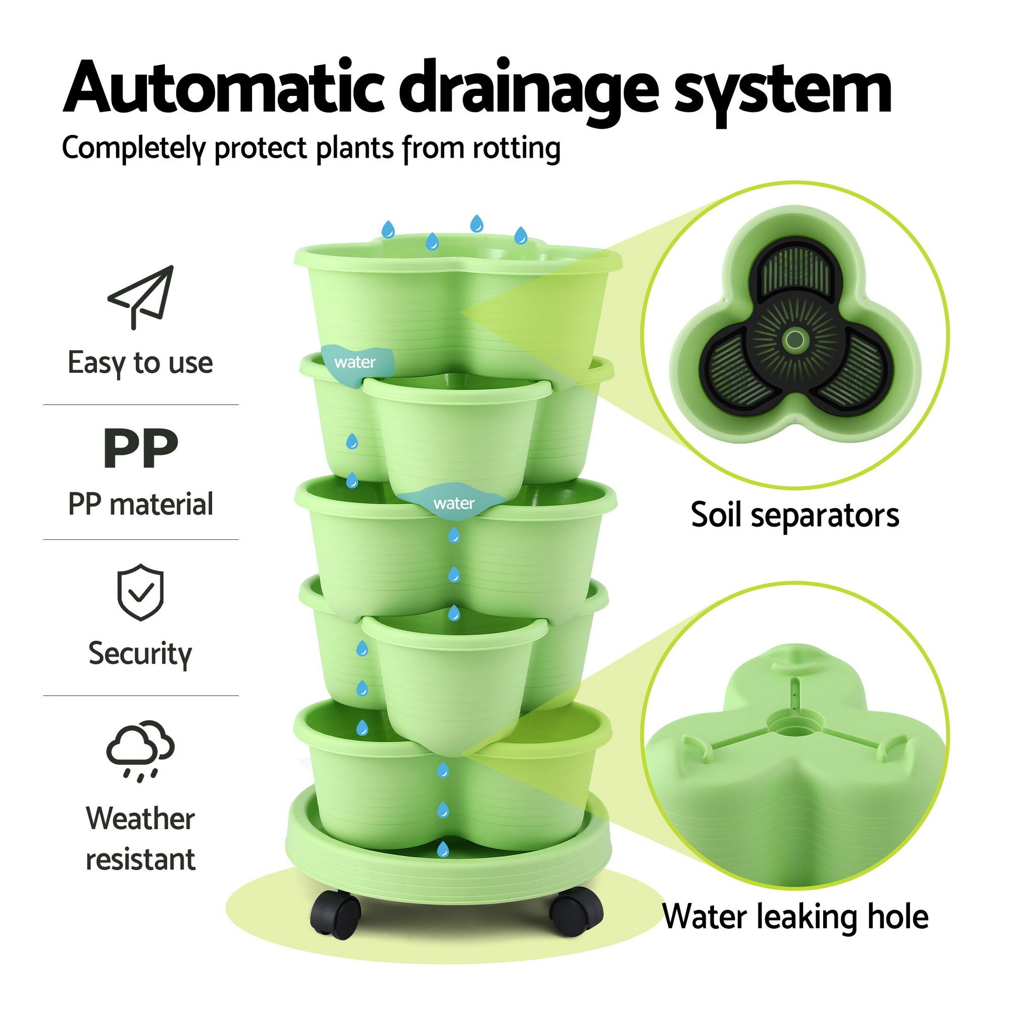 Green Fingers 5 Tier Vertical Garden Planter, Stackable Planters with Wheels, Light Green, Garden Bed, Garden Tower Indoor Outdoor, Auto Drainage System, for Strawberries, Herbs, Flowers, Vegetables