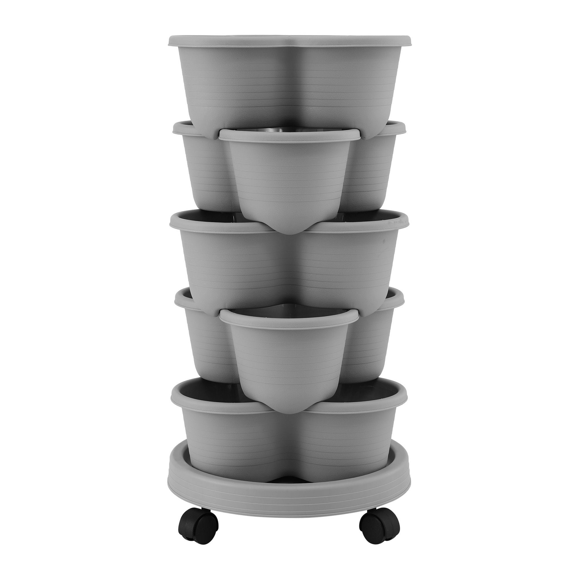Green Fingers 5 Tier Vertical Garden Planter, Stackable Planters with 4 Wheels, Grey, Raised Garden Bed, Garden Tower Indoor Outdoor, Auto Drainage System, for Strawberries, Herbs, Flower, Vegetables