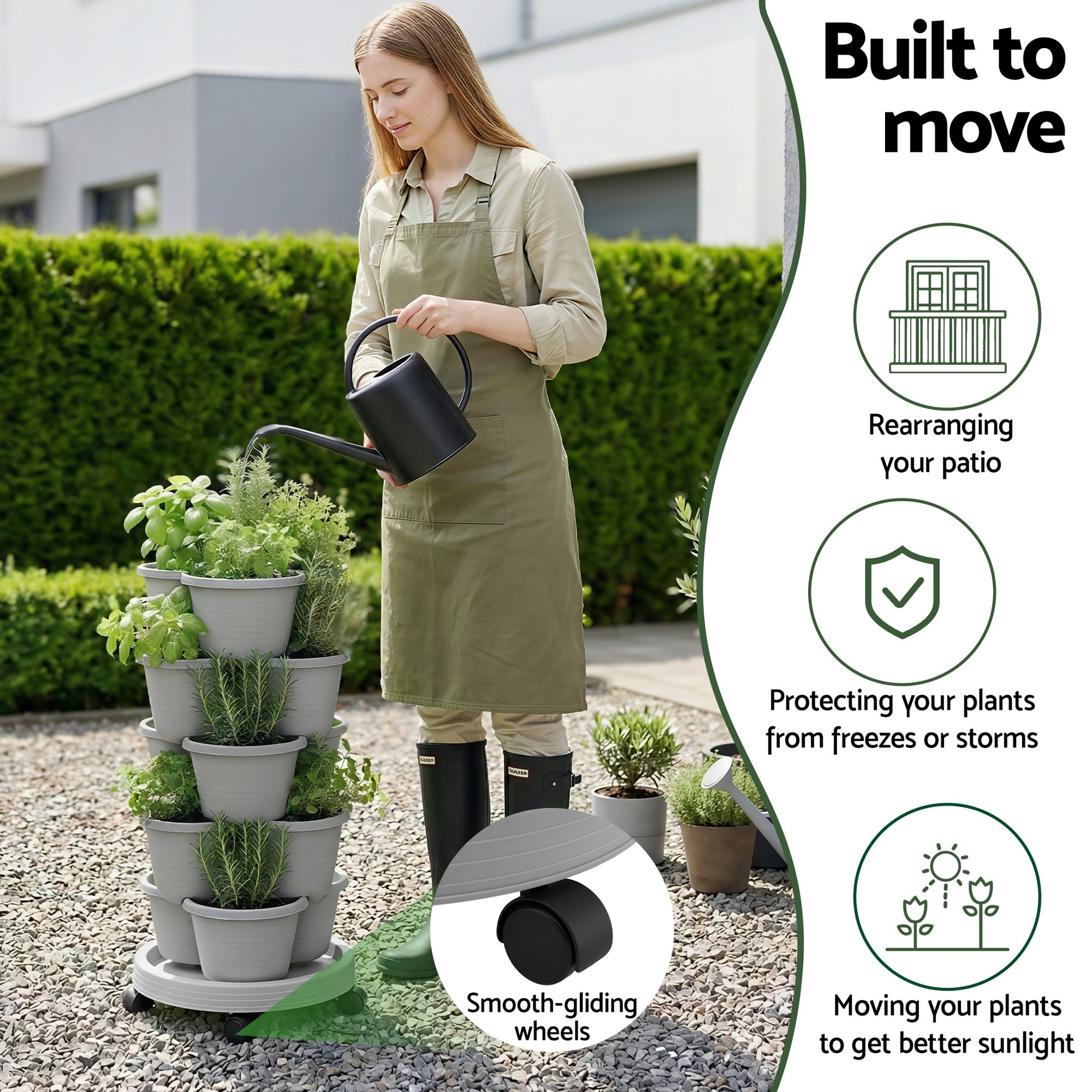 Green Fingers 5 Tier Vertical Garden Planter, Stackable Planters with 4 Wheels, Grey, Raised Garden Bed, Garden Tower Indoor Outdoor, Auto Drainage System, for Strawberries, Herbs, Flower, Vegetables