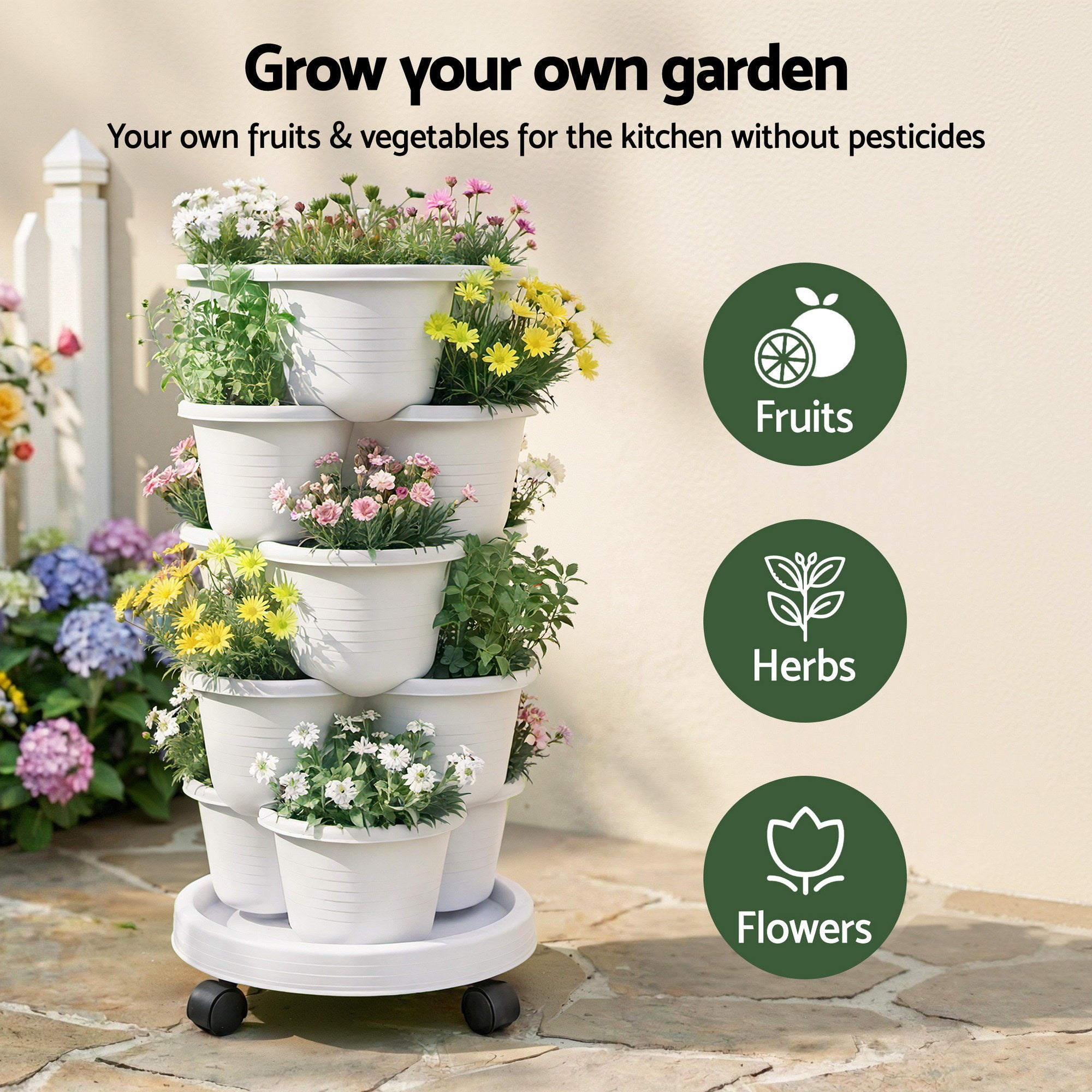 Green Fingers 5 Tier Vertical Garden Planter, Stackable Planters with Wheels, White, Garden Bed, Garden Tower Indoor Outdoor, Auto Drainage System, for Strawberries, Herbs, Flowers, Vegetables