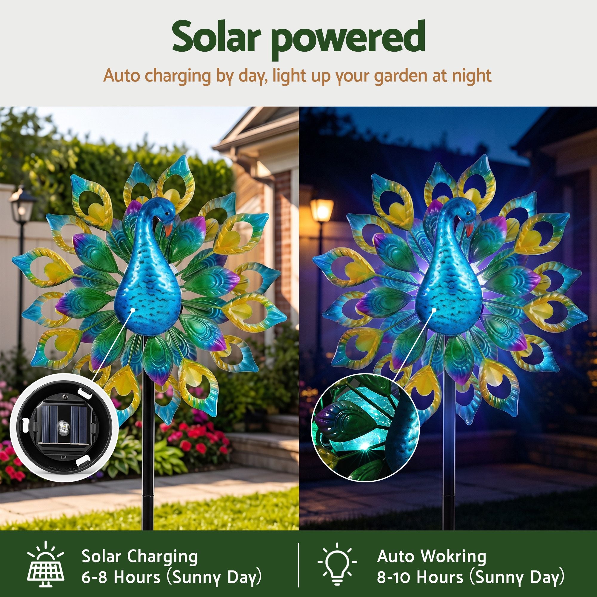 Gardeon Garden Windmill Solar Light Colorful Peacock Metal Spinner 190cm