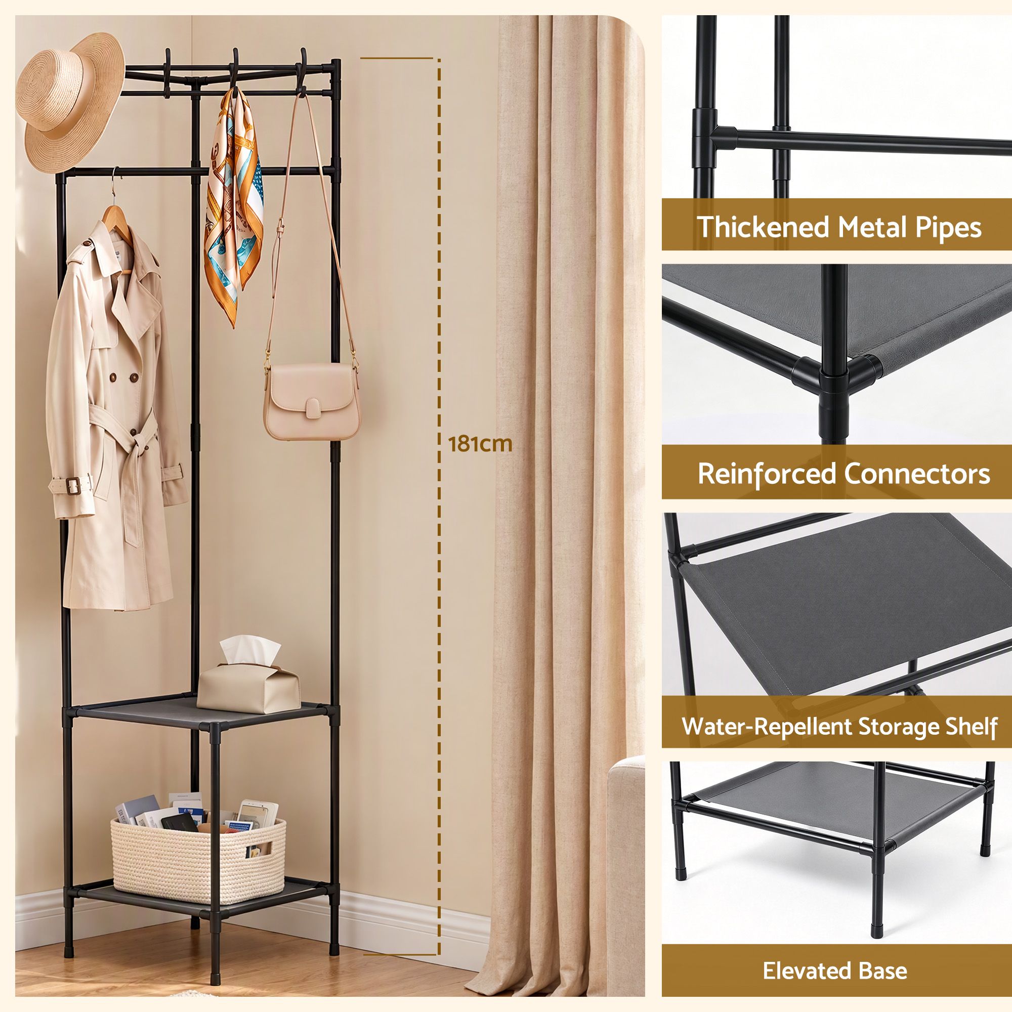 Artiss Coat Rack 181cm Freestanding Corner Hall Tree Garment Organiser Storage Shelf 8 Hooks Black