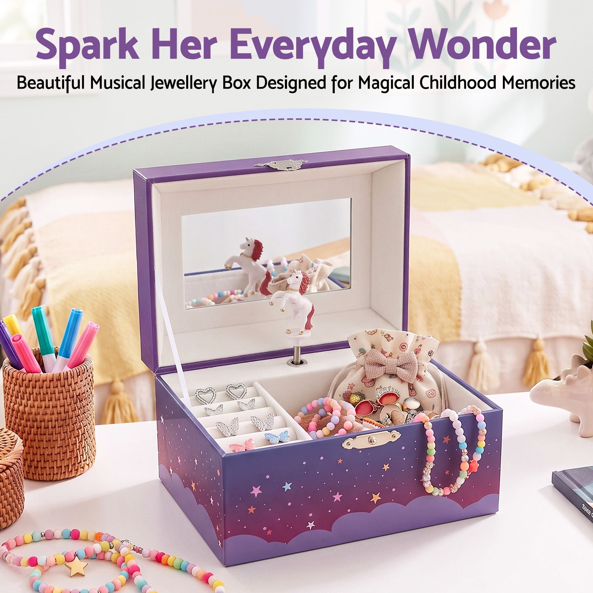 Keezi Kids Jewellery Box Organiser for Girls Kids Music Box Unicorn Purple