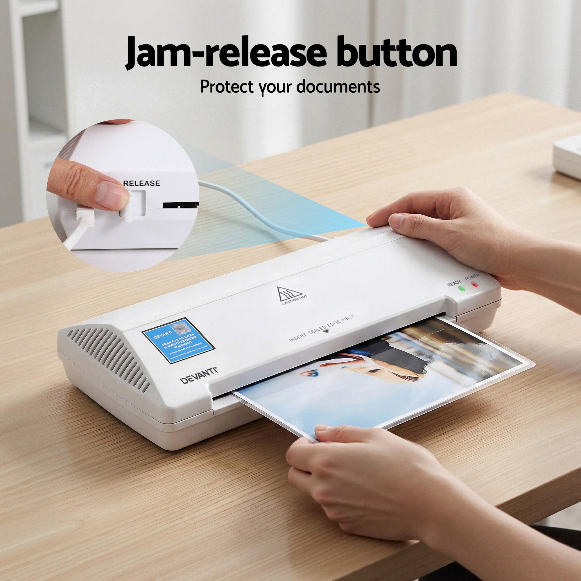 Devanti A4 Laminator Machine, Hot & Cold Thermal Fast Lamination Anti-Jam Laminator for Office School Home Document Photo Card Handmade A4 A5 A6, White
