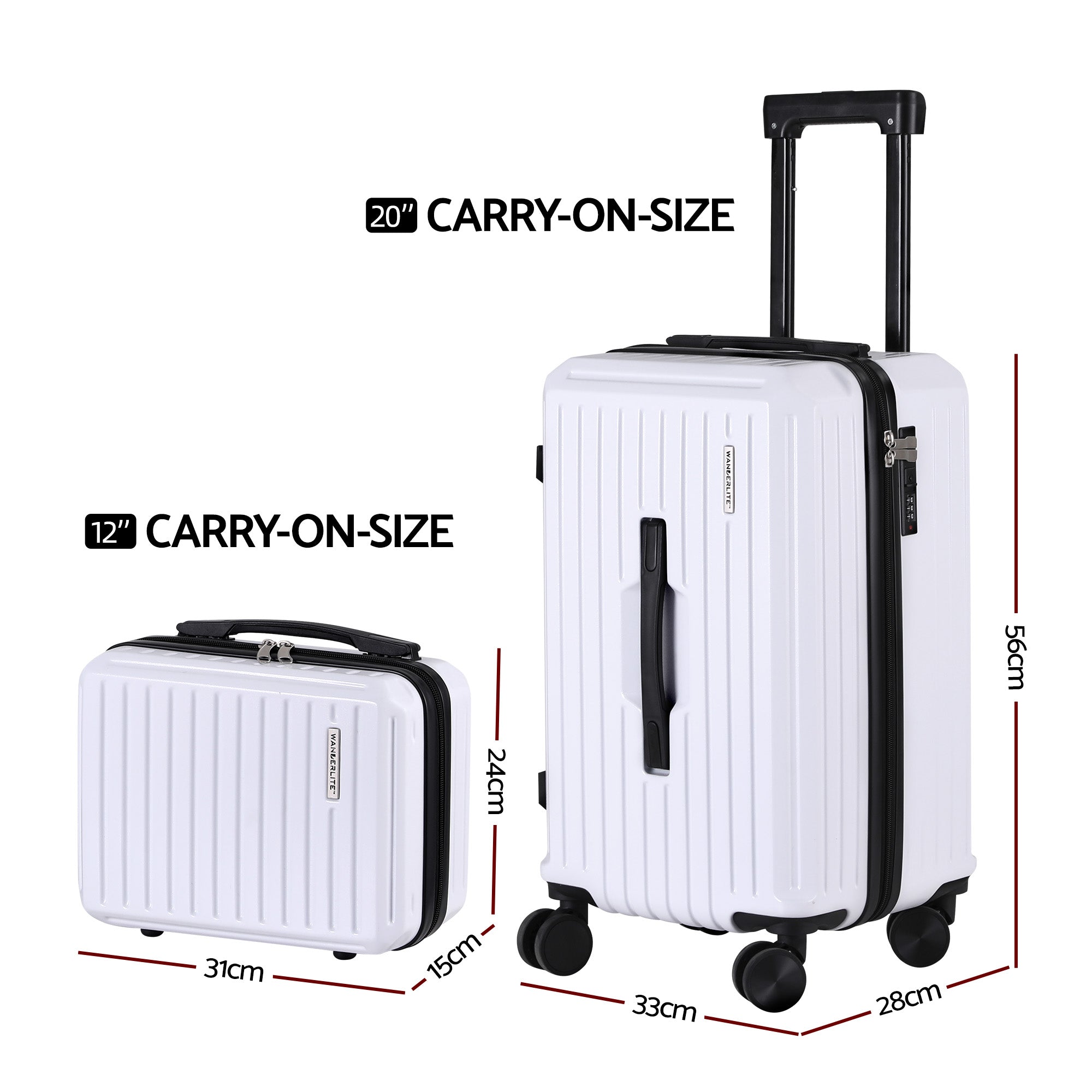 Wanderlite 2pcs Trunk Luggage Suitcase Travel Carry On TSA Lock 12" 20" White