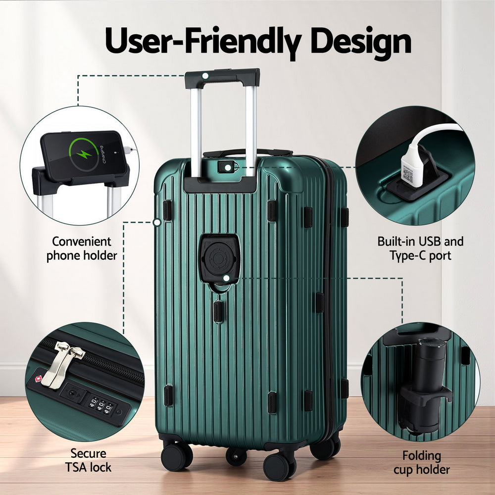 Wanderlite 28" Trunk Luggage Suitcase Travel 5 Wheels Type-C Port TSA Green