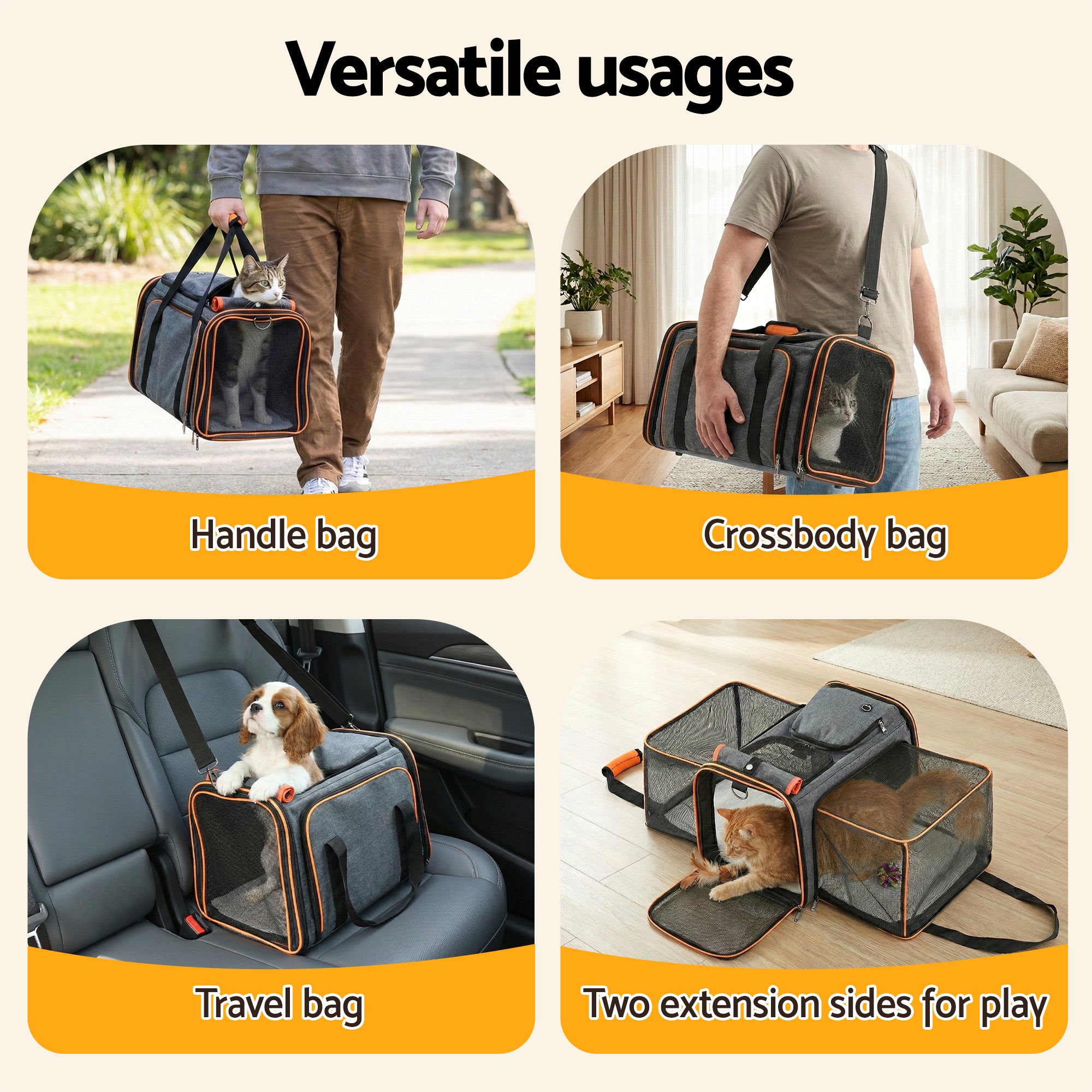 i.Pet Carrier Bag Foldable Expandable Dog Cat Travel Cage Portable Car Kennel