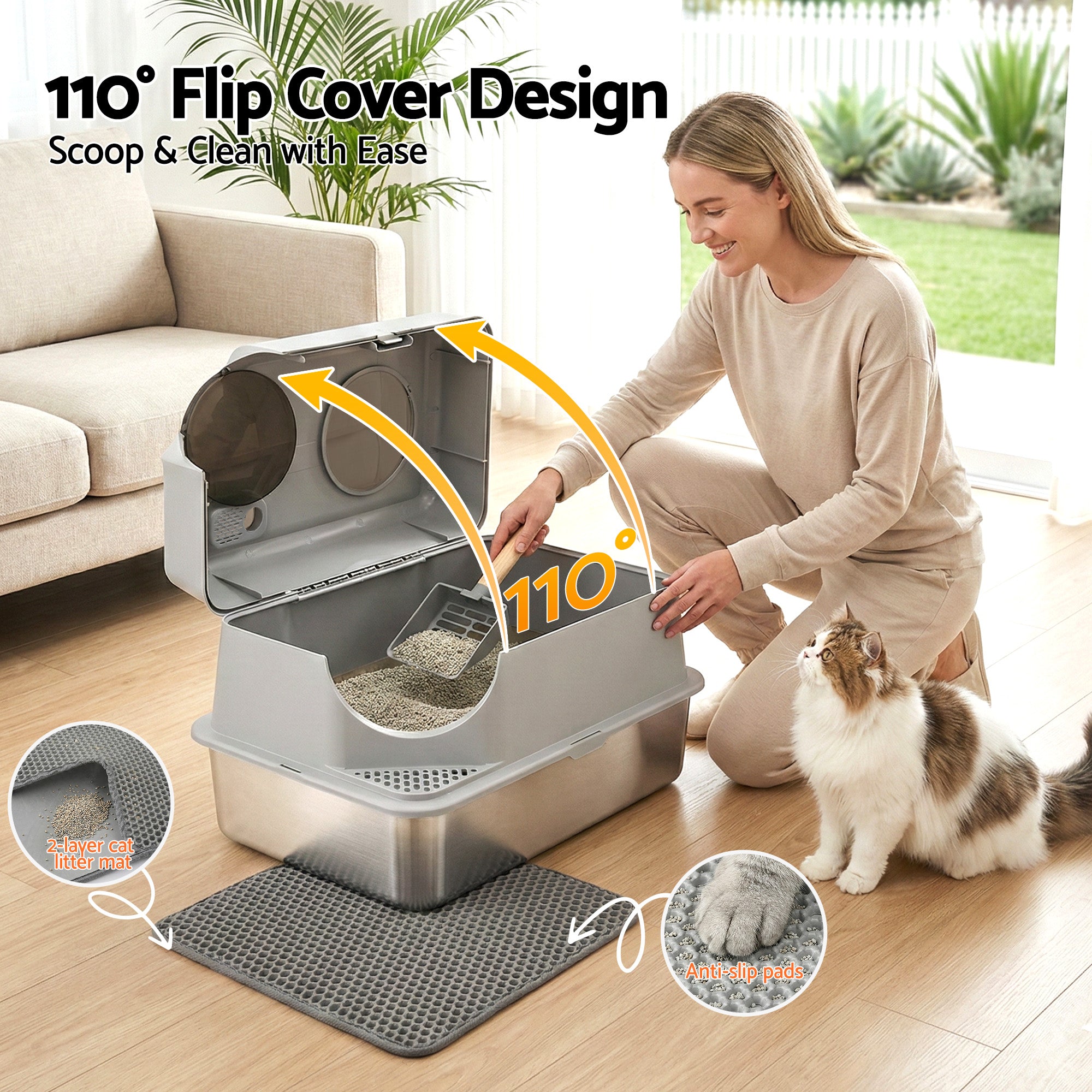 i.Pet Cat Litter Box Large Stainless Steel High Sided Pet Toilet Odour Control