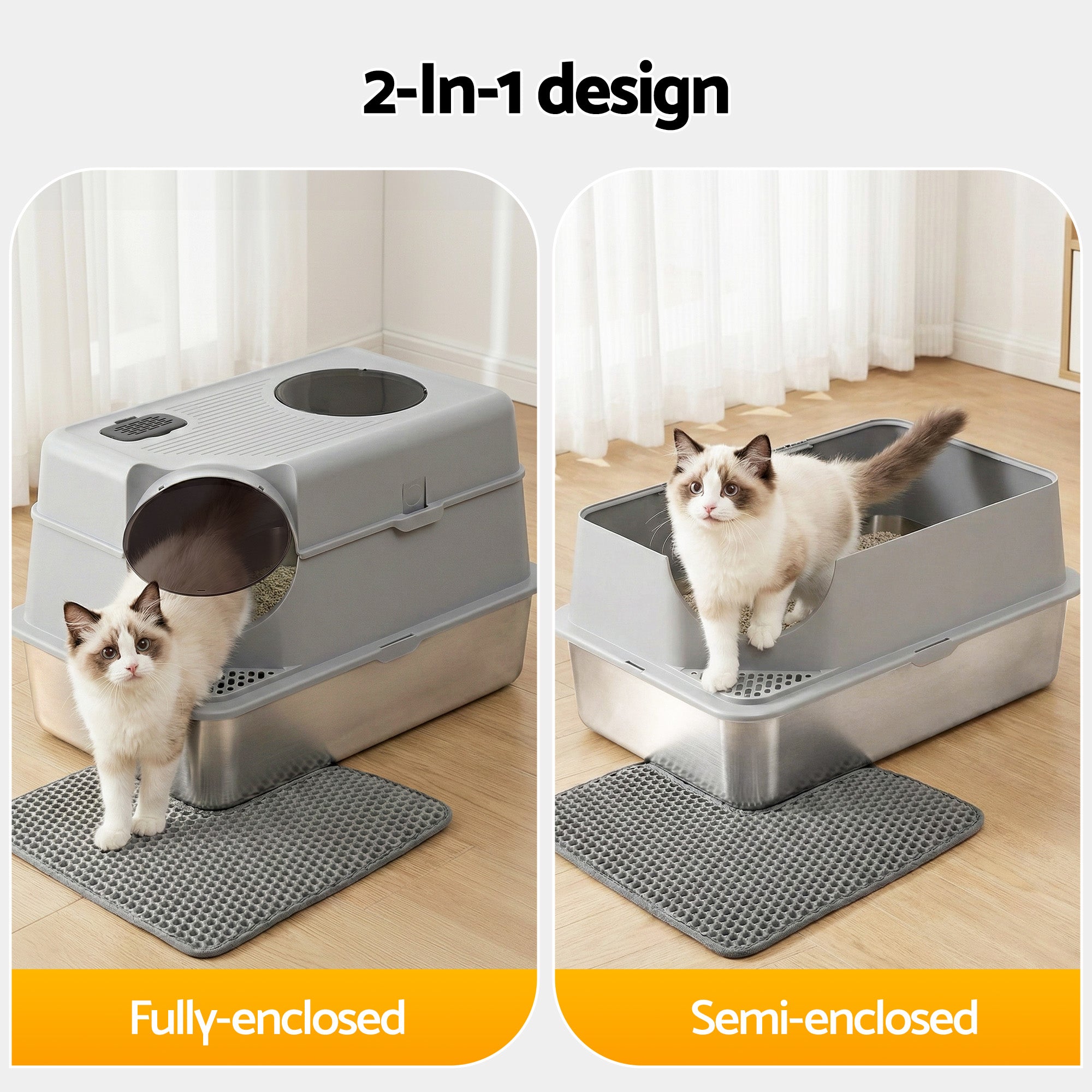 i.Pet Cat Litter Box Large Stainless Steel High Sided Pet Toilet Odour Control