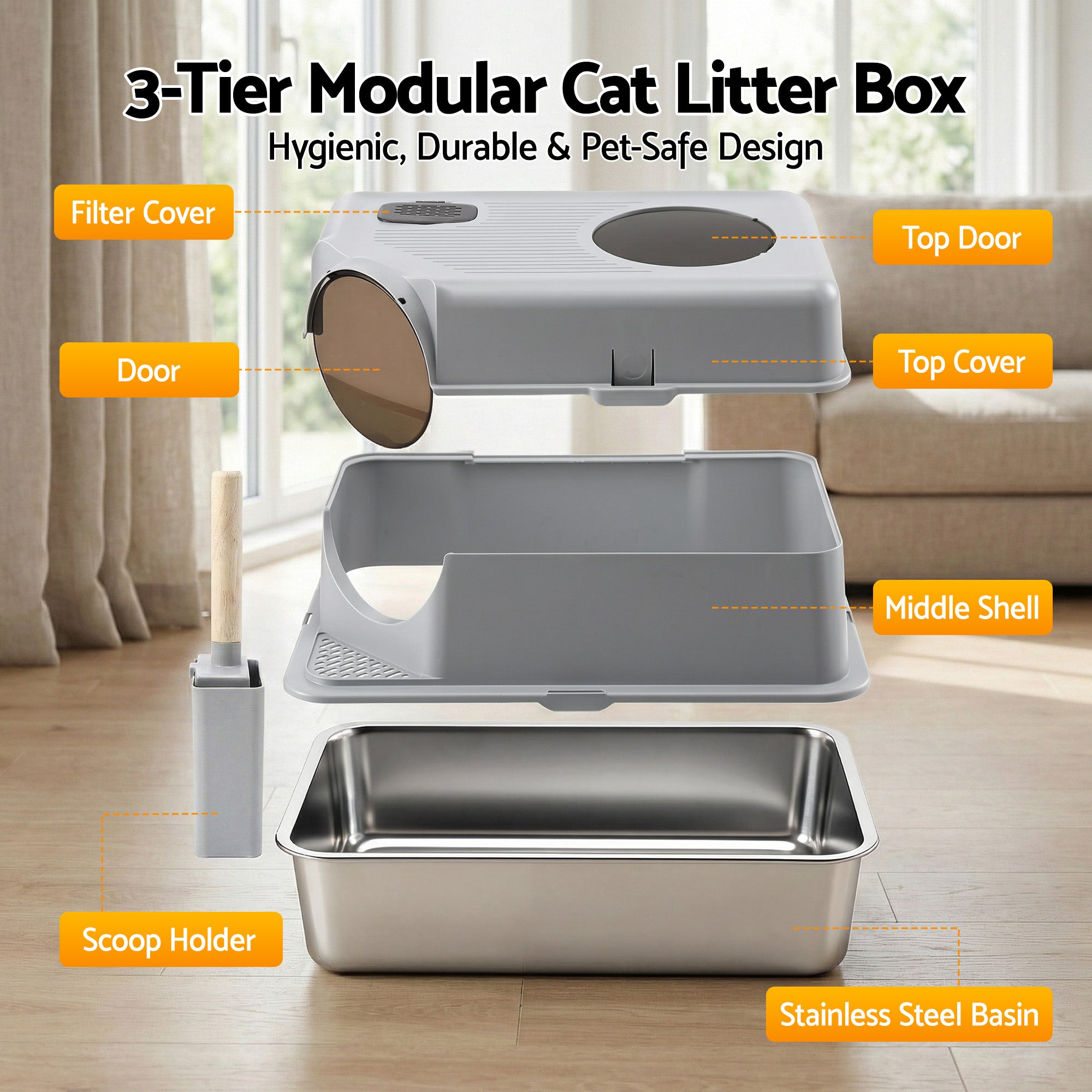 i.Pet Cat Litter Box Large Stainless Steel High Sided Pet Toilet Odour Control