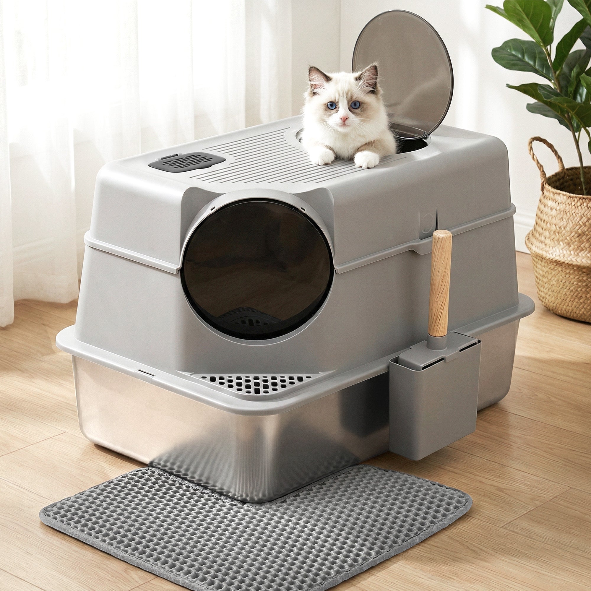 i.Pet Cat Litter Box Large Stainless Steel High Sided Pet Toilet Odour Control
