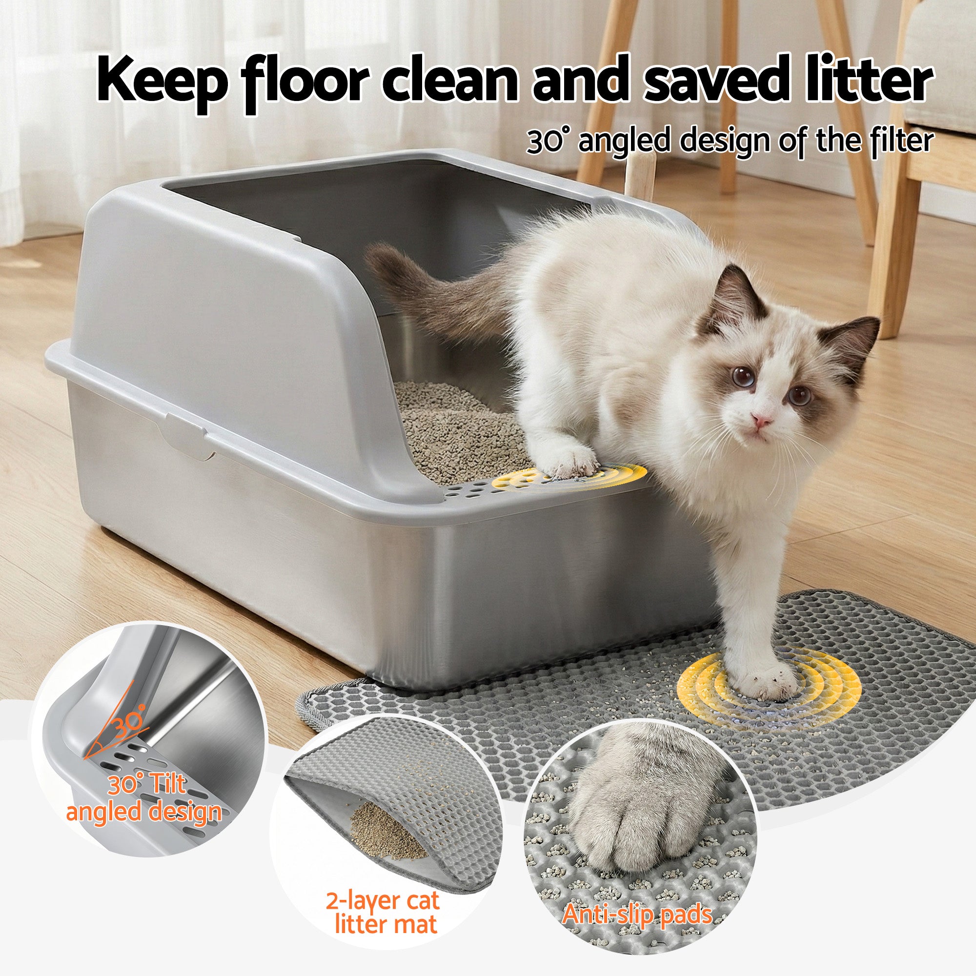 i.Pet Cat Litter Box Stainless Steel Large Semi-Enclosed Pet Kitty Toilet Grey