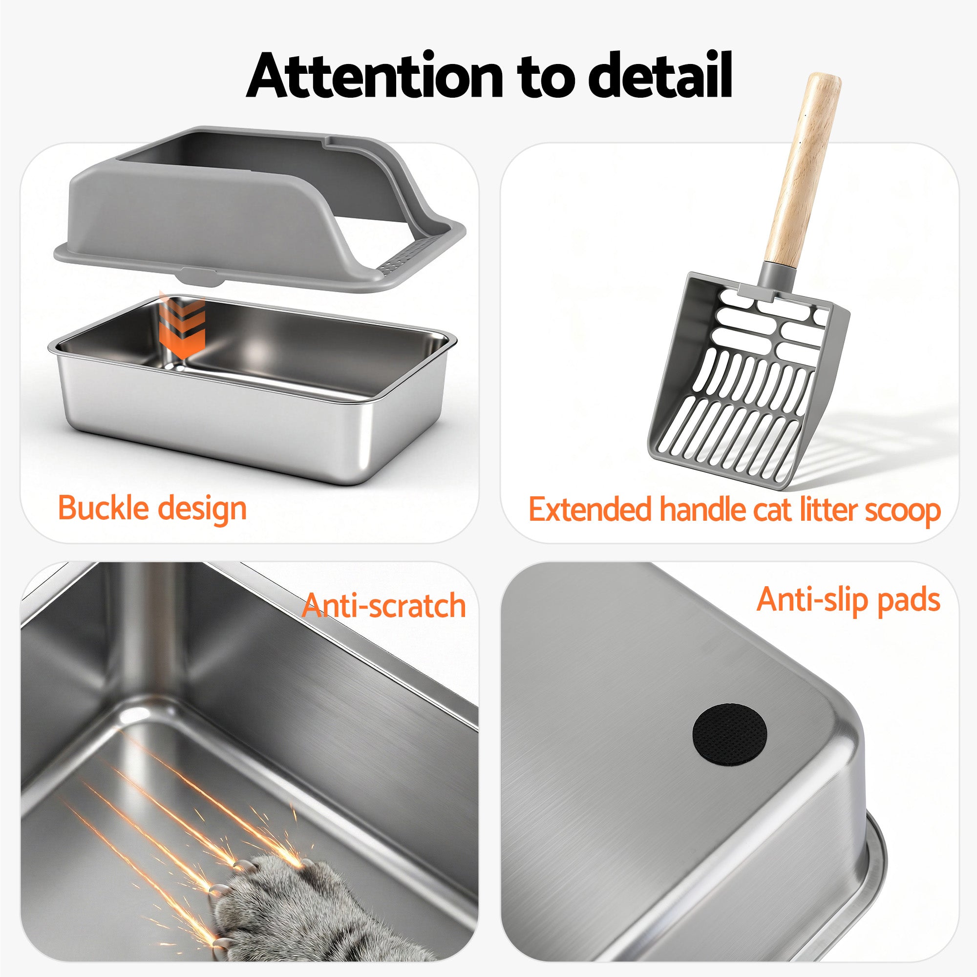 i.Pet Cat Litter Box Stainless Steel Large Semi-Enclosed Pet Kitty Toilet Grey