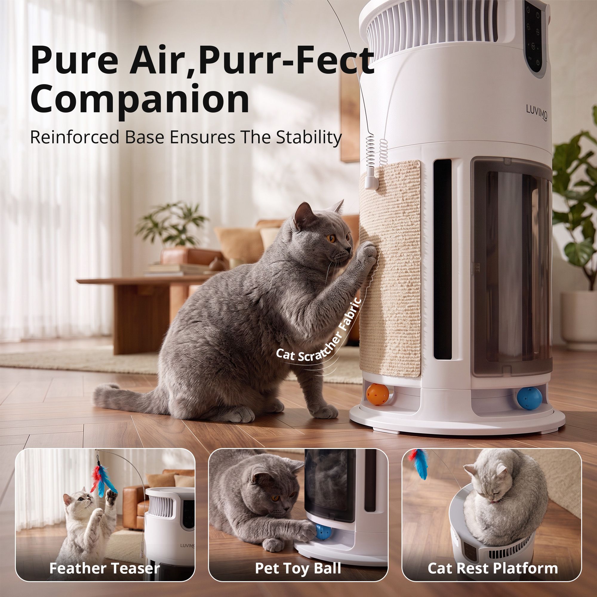 LUVIMO Pet Air Purifier H13 HEPA Smart Air Cleaner CADR 350 w/ Cat Toys for Home
