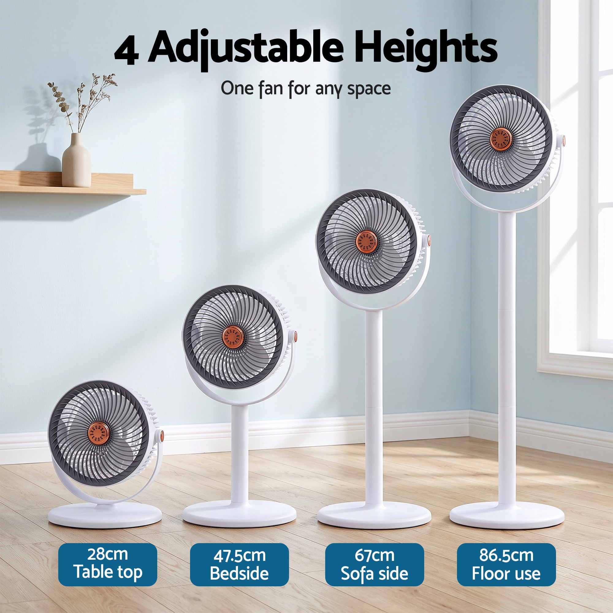 Devanti Rechargeable Pedestal Fan, 4000mAh Battery 5 Speed 4 Height, White