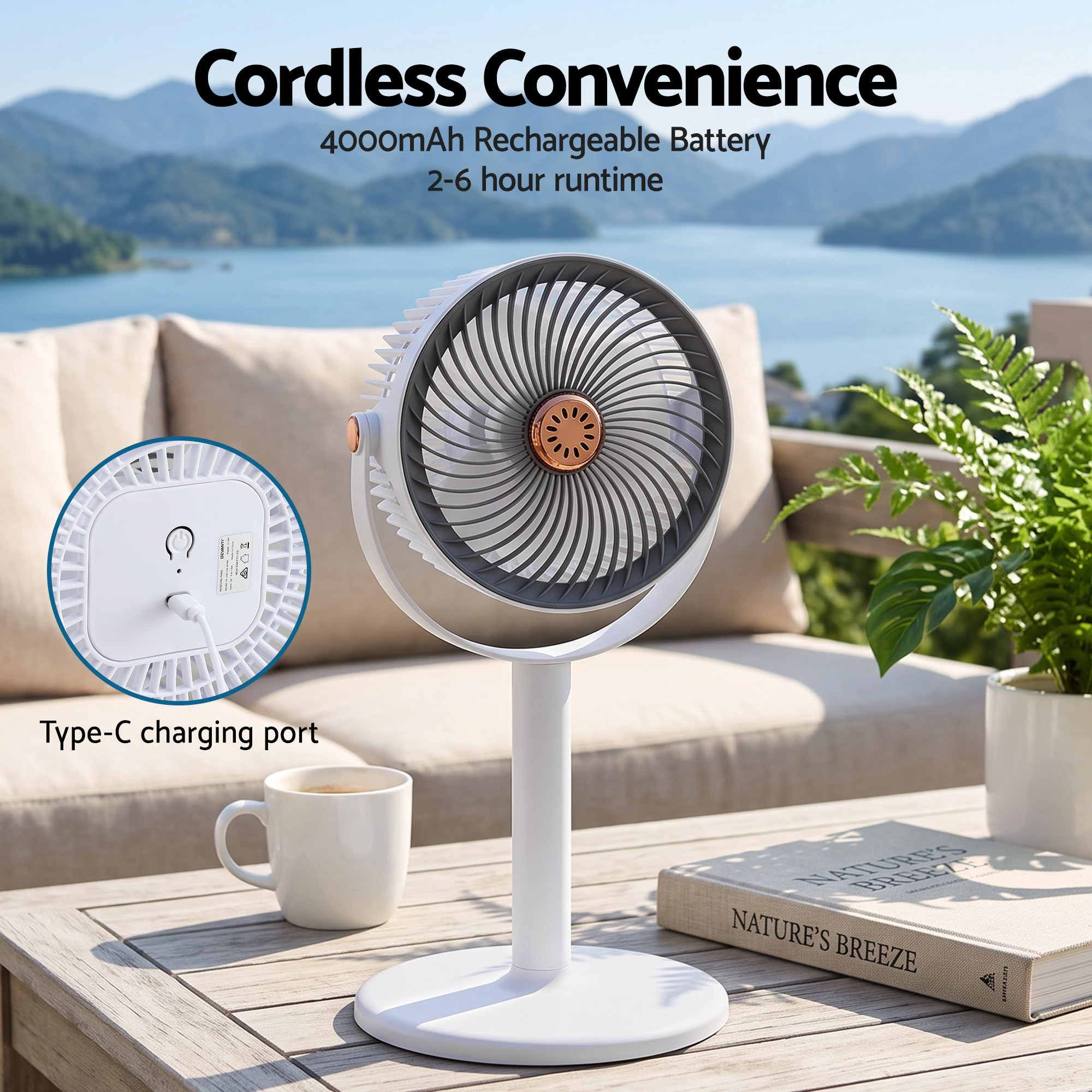 Devanti Rechargeable Pedestal Fan, 4000mAh Battery 5 Speed 4 Height, White