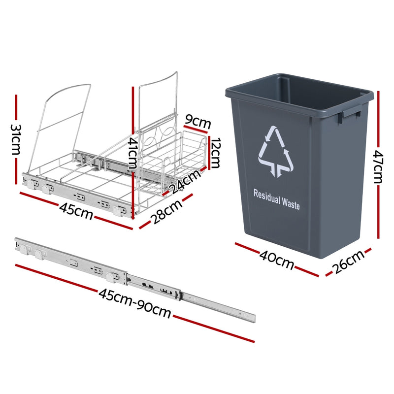Cefito Pull Out Bin Kitchen Cabinet Slide Garbage Rubbish Bins Basket 40L Grey