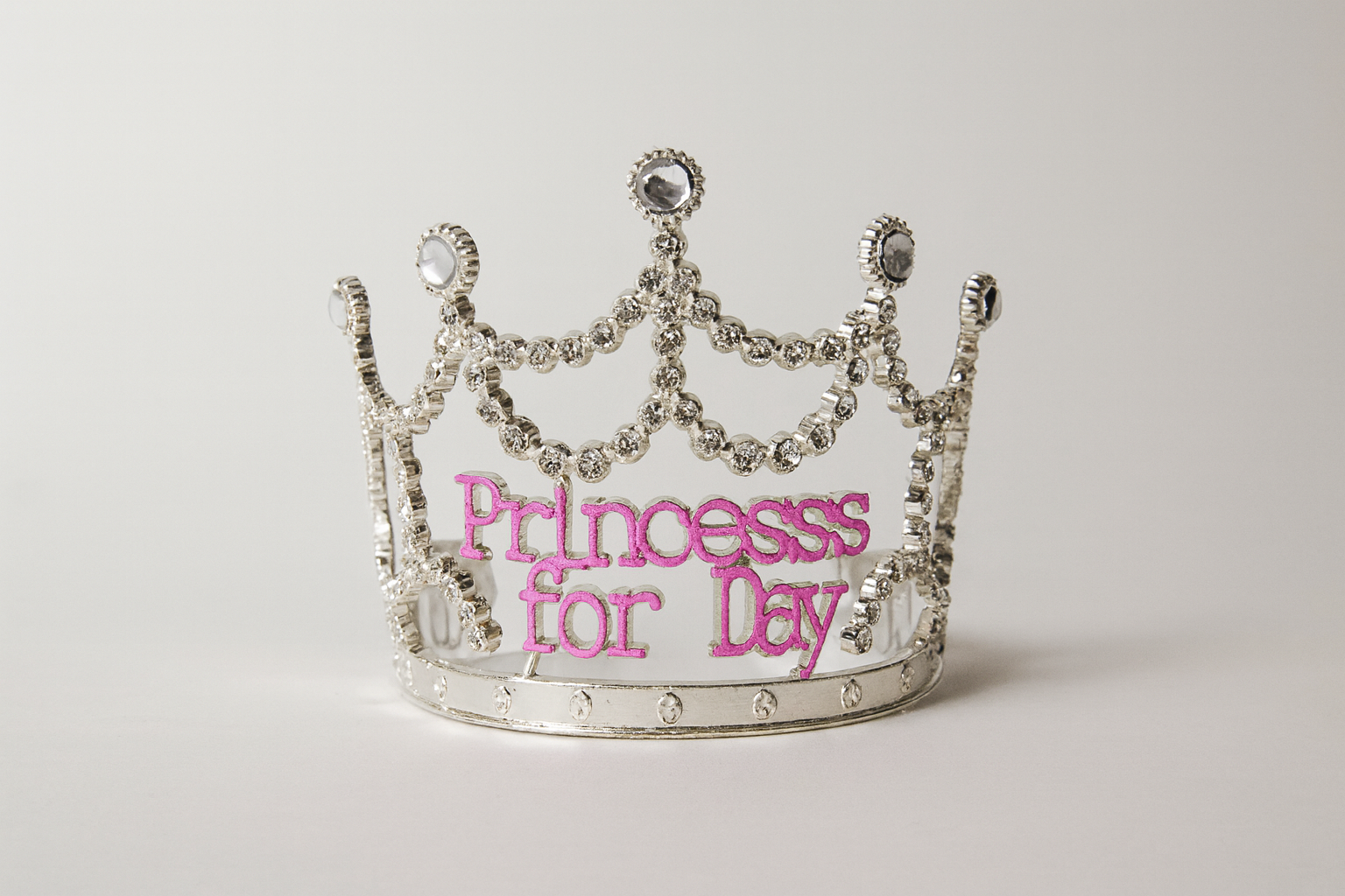 Princess for the Day Tiara – Silver Rhinestone Crown with Pink Lettering
