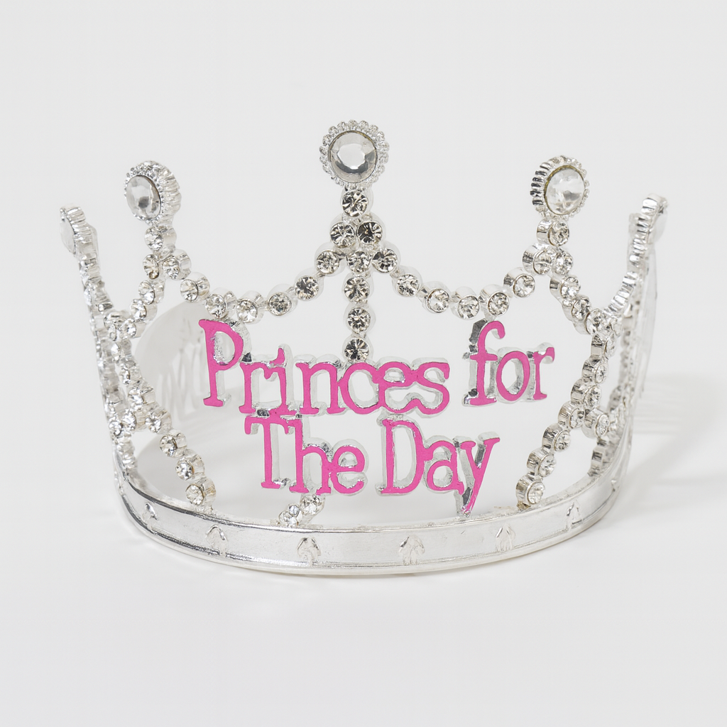 Princess for the Day Tiara – Silver Rhinestone Crown with Pink Lettering