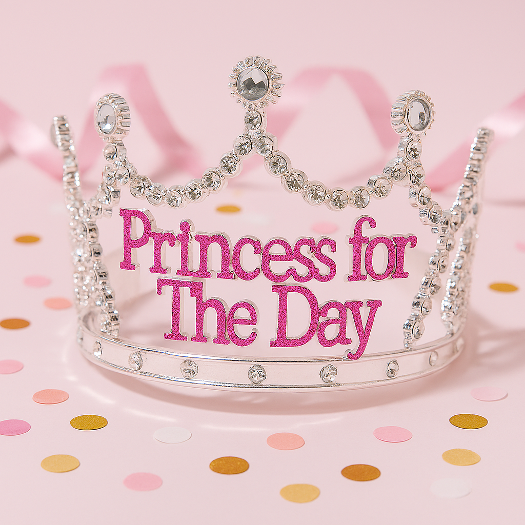 Princess for the Day Tiara – Silver Rhinestone Crown with Pink Lettering