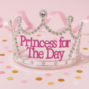 Princess for the Day Tiara – Silver Rhinestone Crown with Pink Lettering