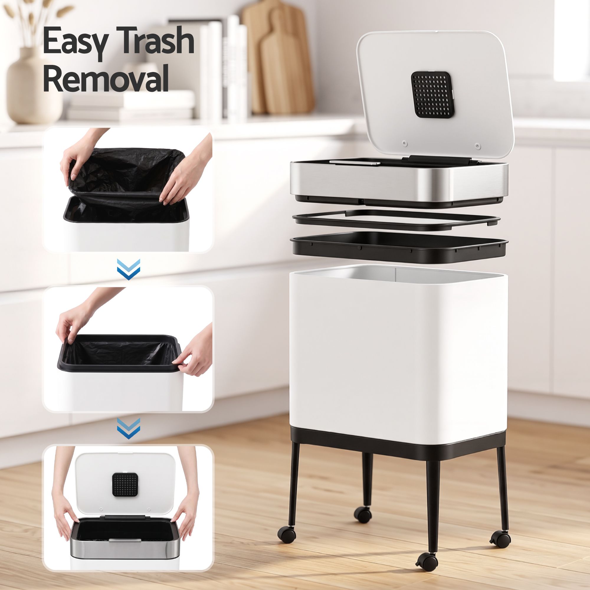 Cefito 40L Press Top Trash Can Kitchen Rubbish Bin Moblie Stainless Steel White