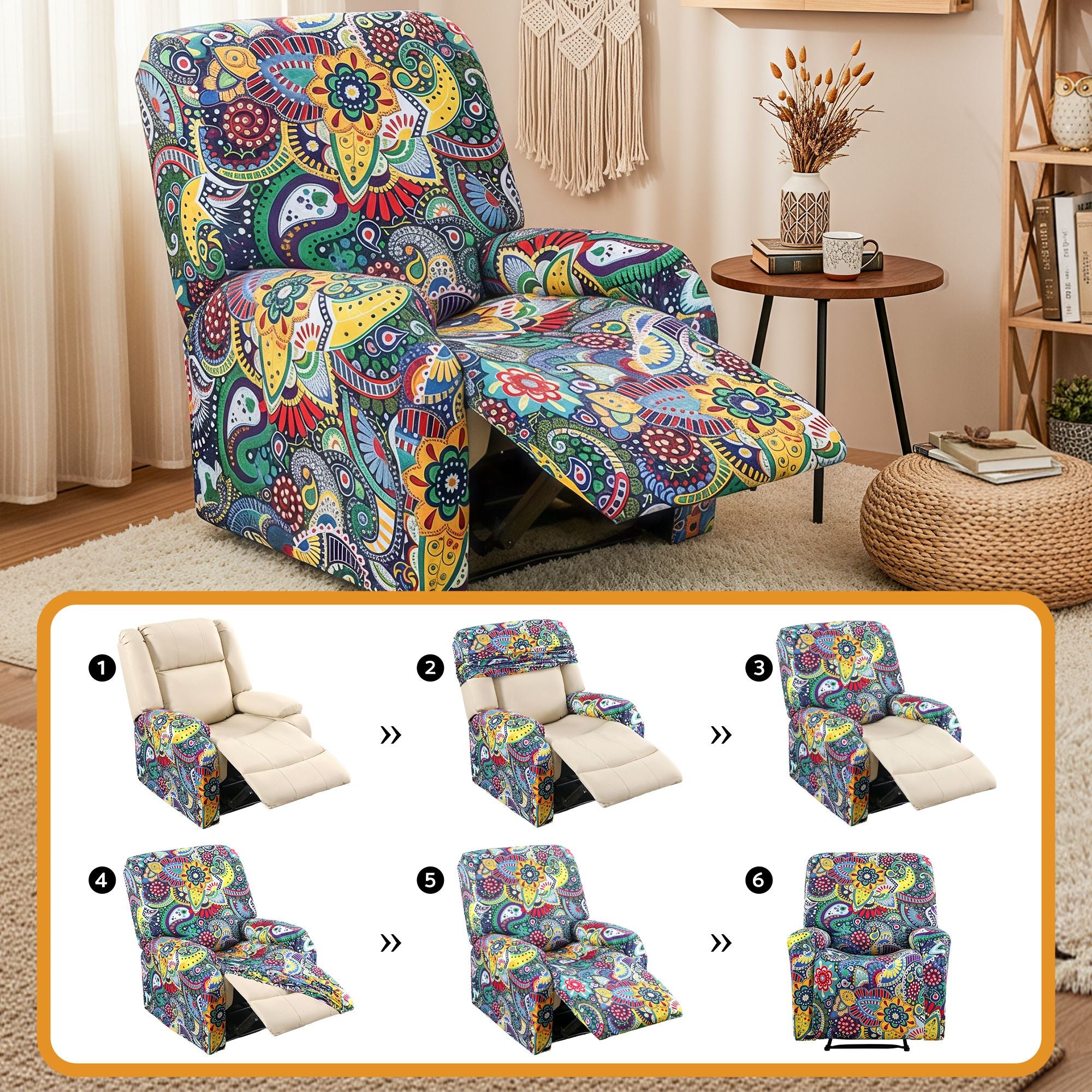 Artiss Split Stretch Recliner Chair Cover, Printed Non Slip Slipcover