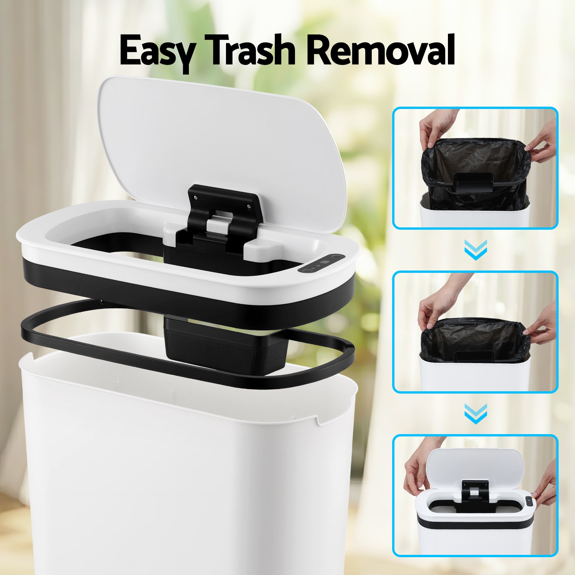 Devanti Automatic Trash Bin with Lid 25L Motion Sensor Kitchen Bin Touchless Garbage Can Plastic Slim Rubbish Bin with Liner Holder for Kitchen, Home, Office, White