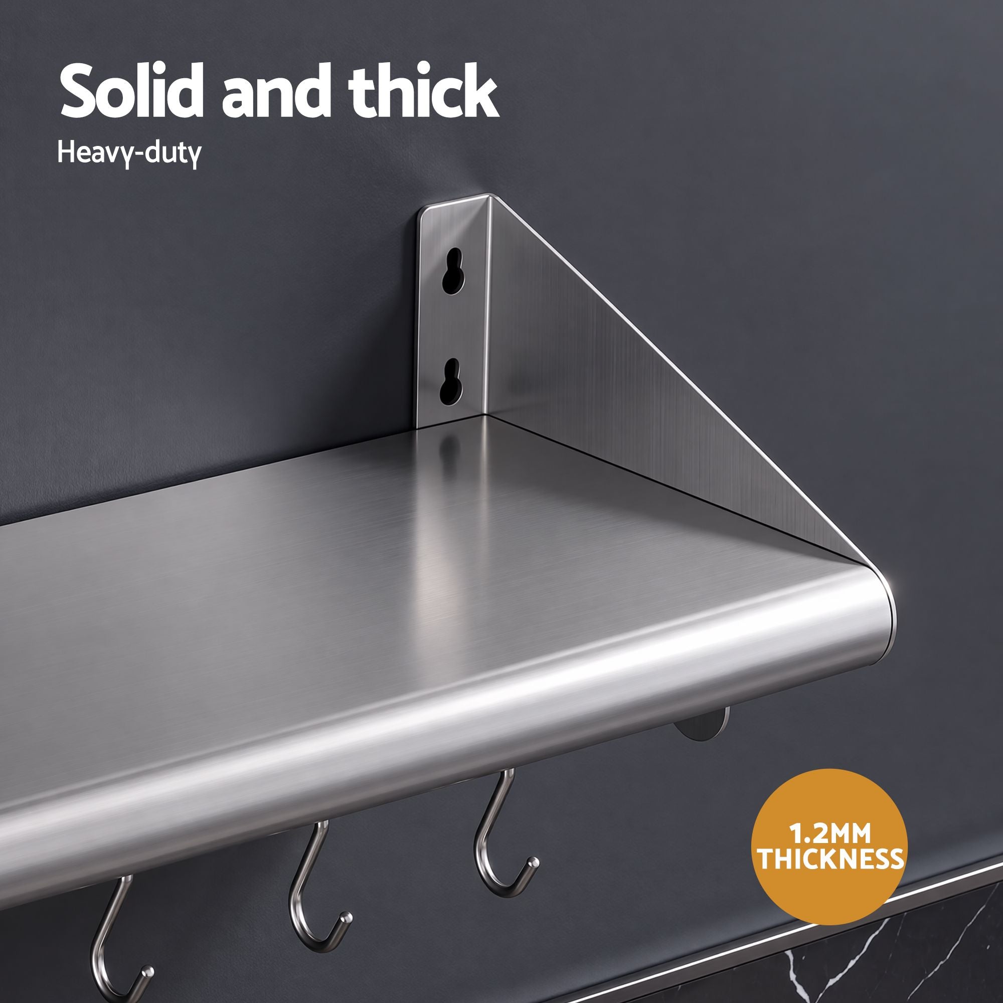 Cefito 610mm 430 Stainless Steel Wall Shelf with Hooks and Side Guards