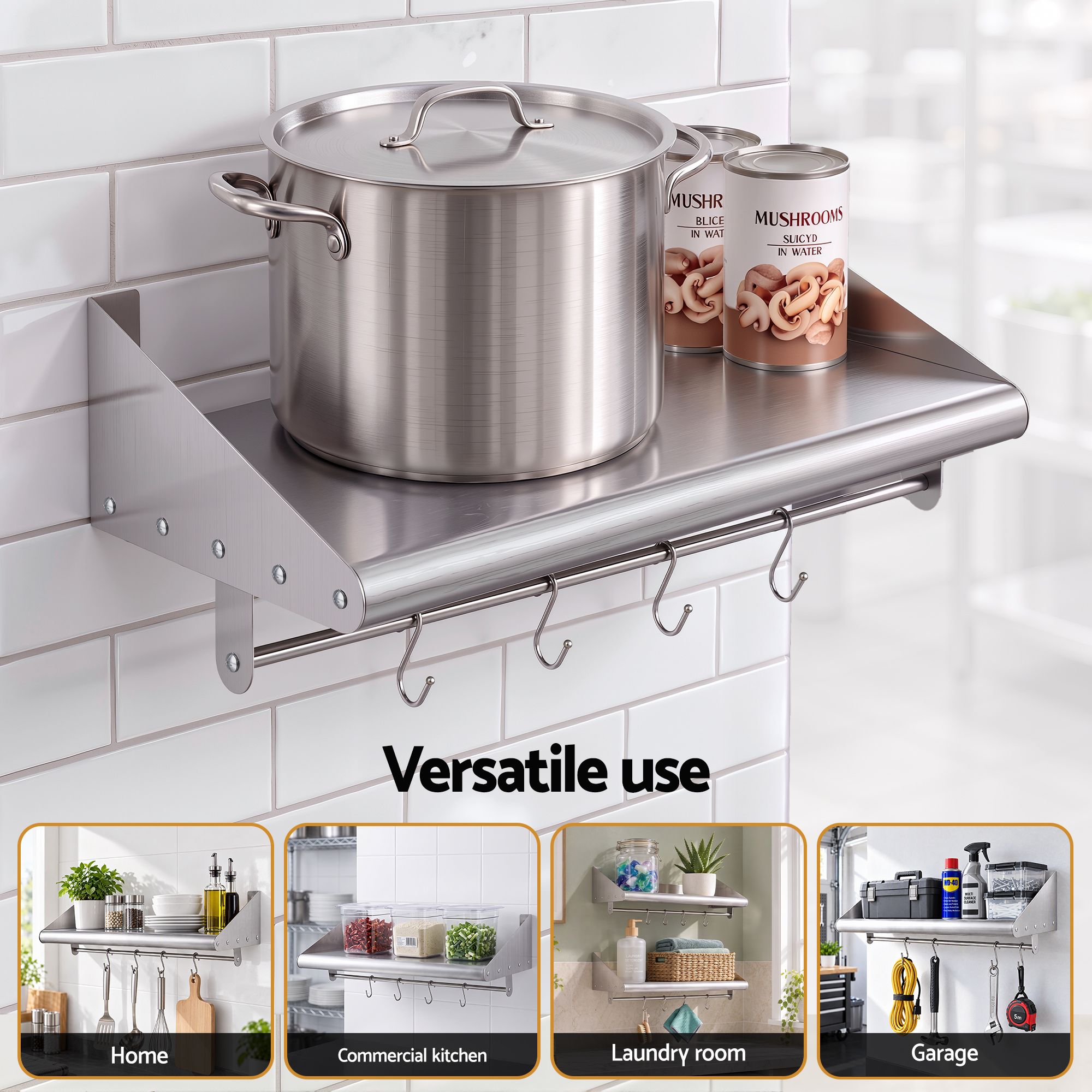 Cefito 610mm 430 Stainless Steel Wall Shelf with Hooks and Side Guards